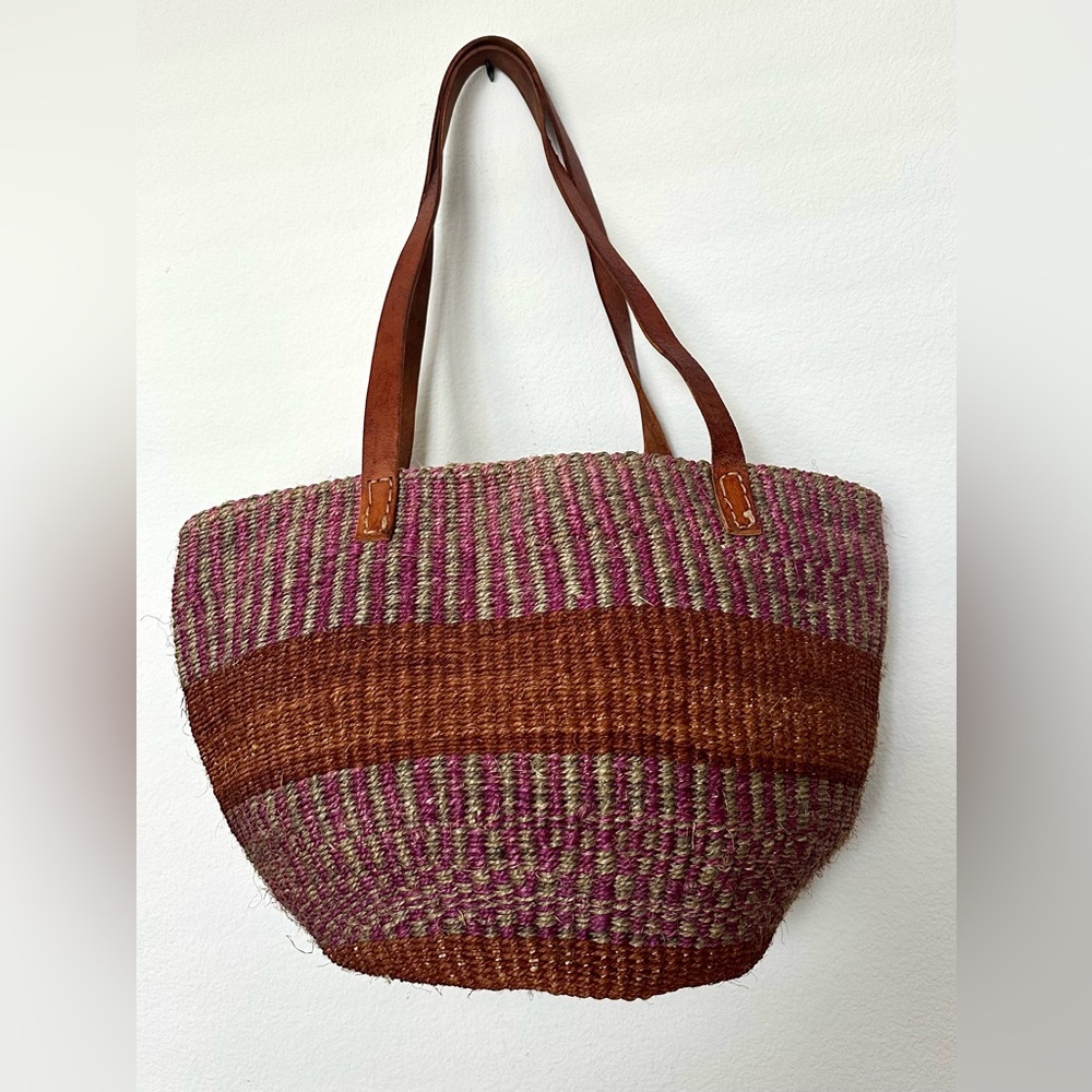 Striped Woven Tote Bag - Brown and Pink